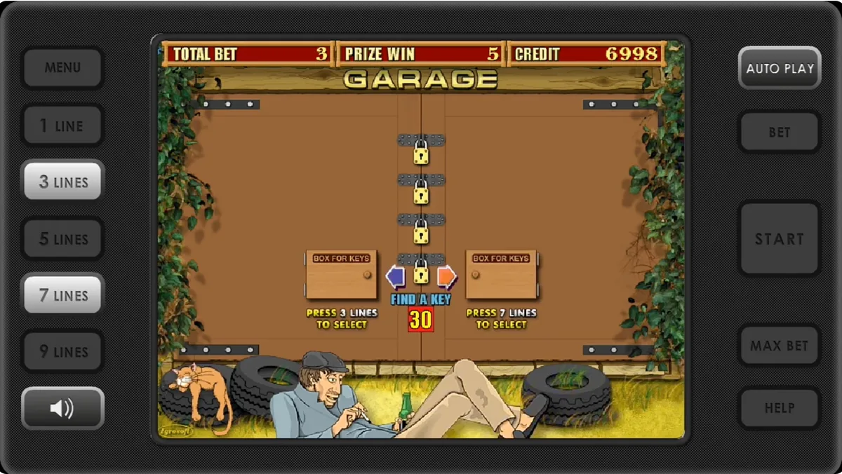 Bonus Find a Key — tragamonedas Garage Mini-juego Find a Key en Garage — cajas de llaves y candados en la puerta del garaje