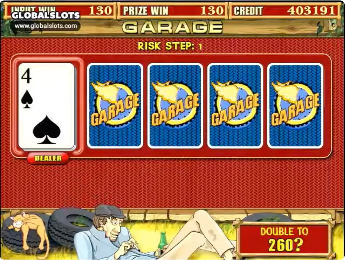 Función duplicar en Garage slot Ronda de riesgo en Garage — duplicar ganancias eligiendo una carta contra el crupier