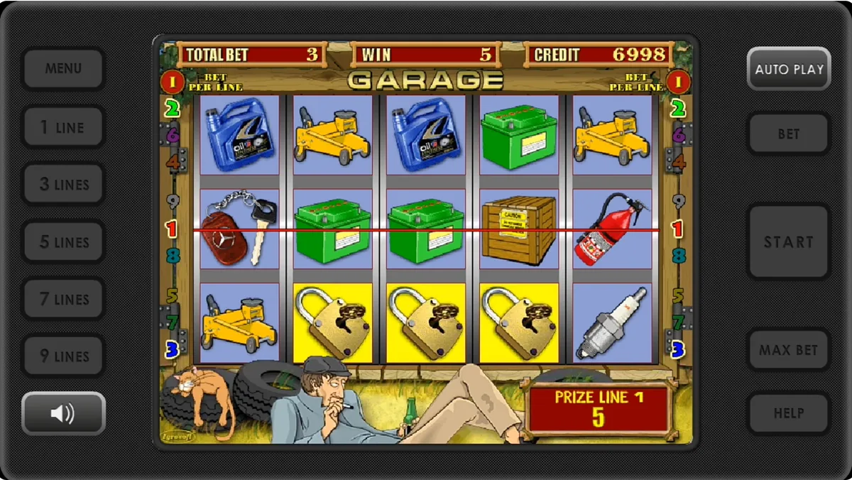 Línea ganadora en Garage — premio en la línea 1 con llaves, baterías y extintor